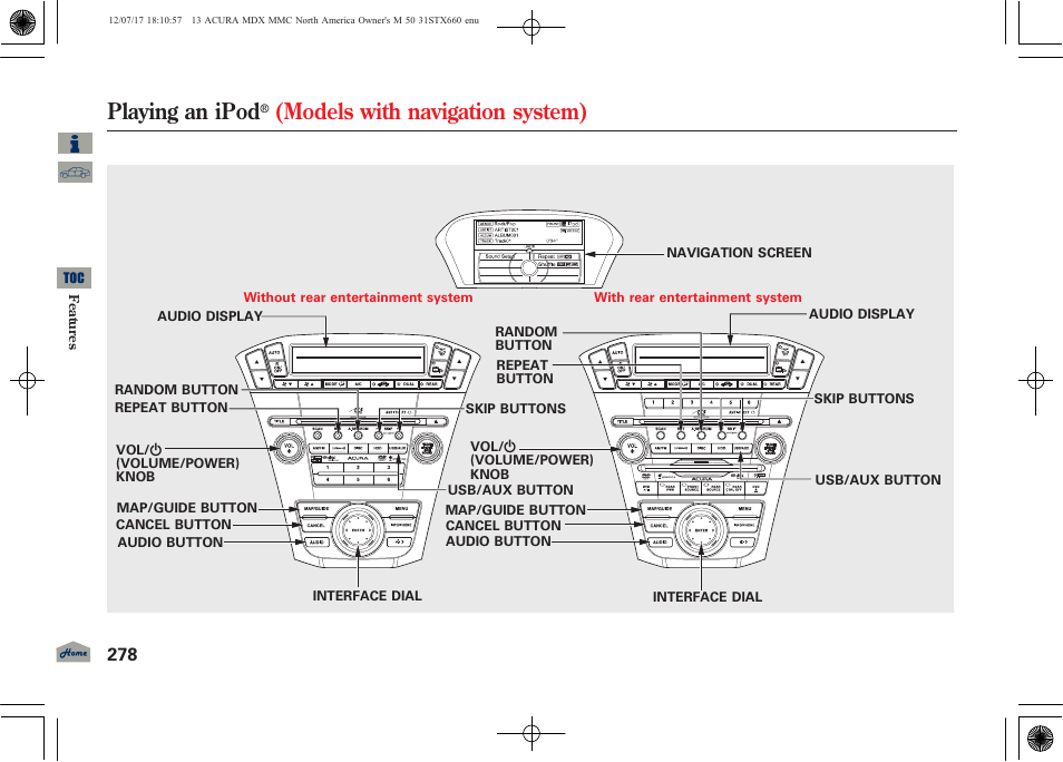 Playing an ipod, Models with navigation system) | Acura 2013 MDX User Manual | Page 283 / 616