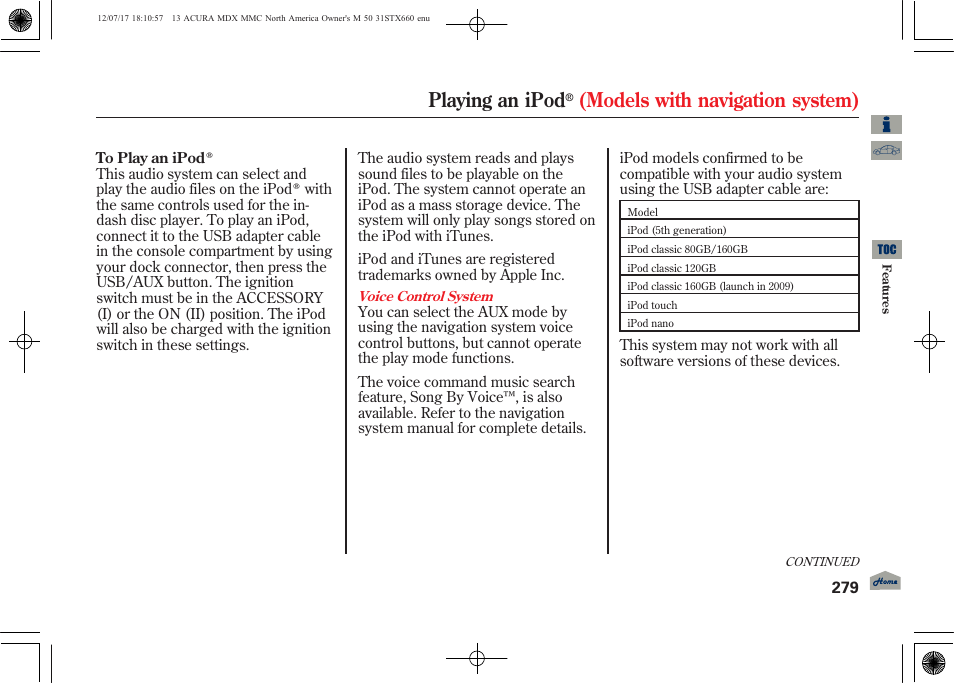 Playing an ipod, Models with navigation system) | Acura 2013 MDX User Manual | Page 284 / 616