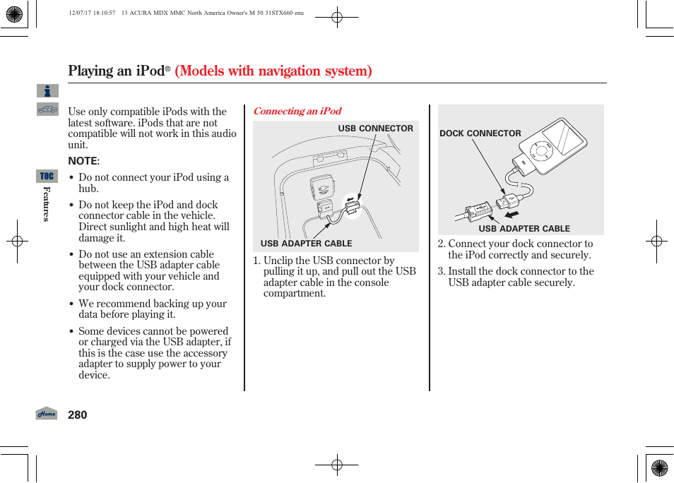 Playing an ipod, Models with navigation system), 2013 mdx | Acura 2013 MDX User Manual | Page 285 / 616