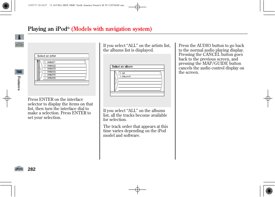 Playing an ipod, Models with navigation system) | Acura 2013 MDX User Manual | Page 287 / 616