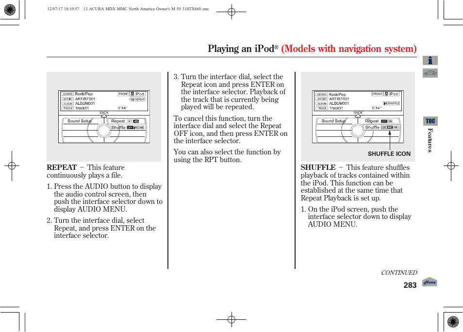 Playing an ipod, Models with navigation system) | Acura 2013 MDX User Manual | Page 288 / 616