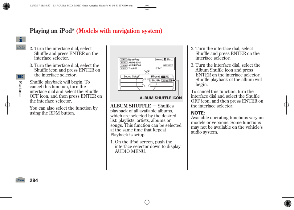 Playing an ipod, Models with navigation system) | Acura 2013 MDX User Manual | Page 289 / 616