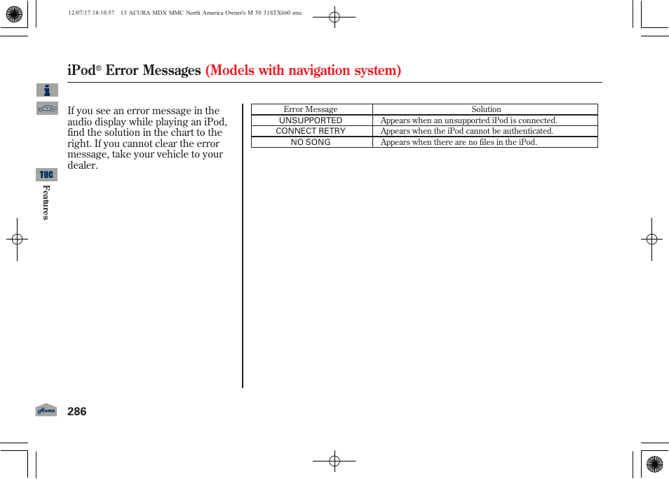 Ipod, Error messages (models with navigation system) | Acura 2013 MDX User Manual | Page 291 / 616