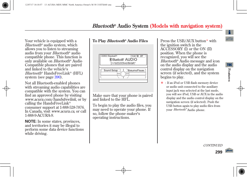 Bluetooth, Audio system (models with navigation system) | Acura 2013 MDX User Manual | Page 304 / 616