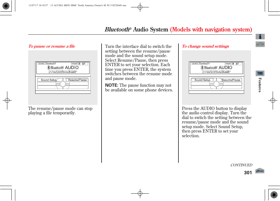 Bluetooth, Audio system (models with navigation system) | Acura 2013 MDX User Manual | Page 306 / 616