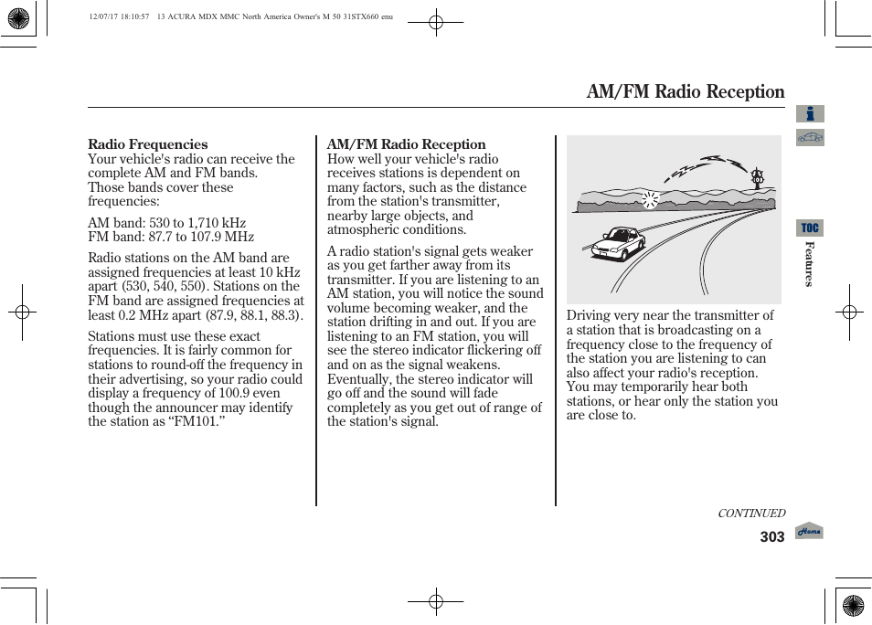 Am/fm radio reception | Acura 2013 MDX User Manual | Page 308 / 616