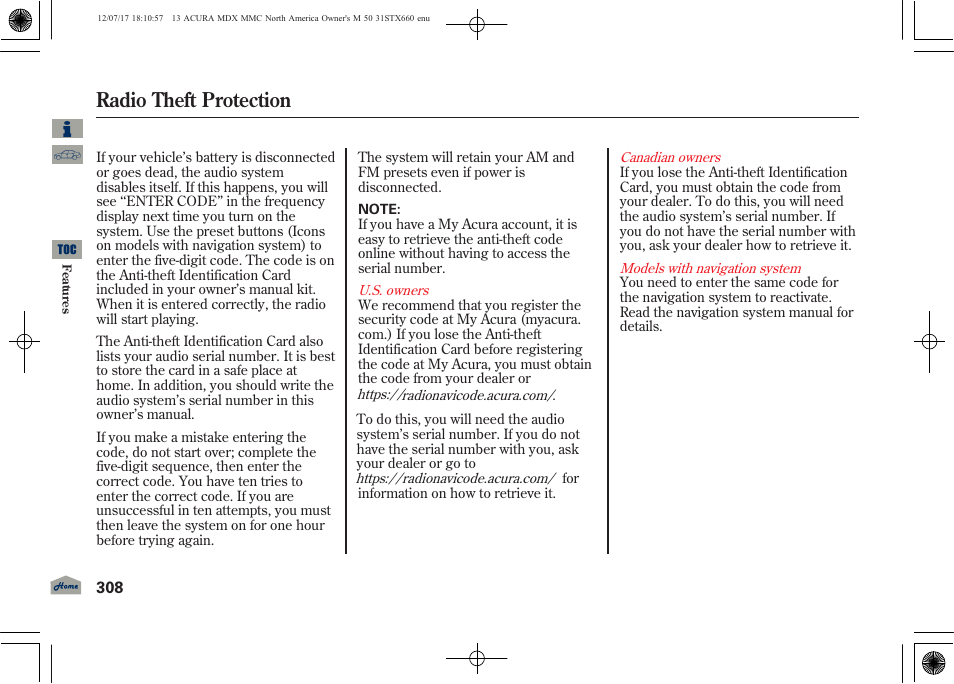 Radio theft protection | Acura 2013 MDX User Manual | Page 313 / 616