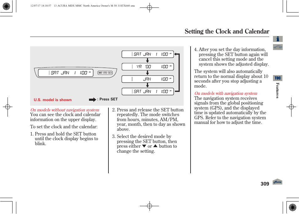 Setting the clock and calendar | Acura 2013 MDX User Manual | Page 314 / 616