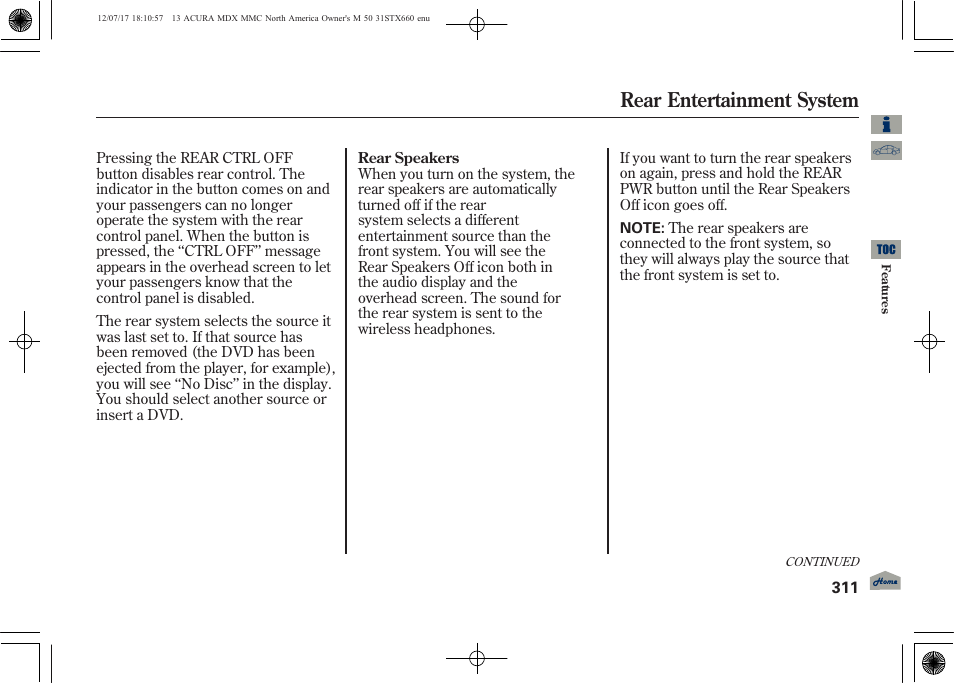 Rear entertainment system | Acura 2013 MDX User Manual | Page 316 / 616