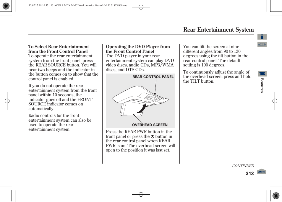 Rear entertainment system | Acura 2013 MDX User Manual | Page 318 / 616