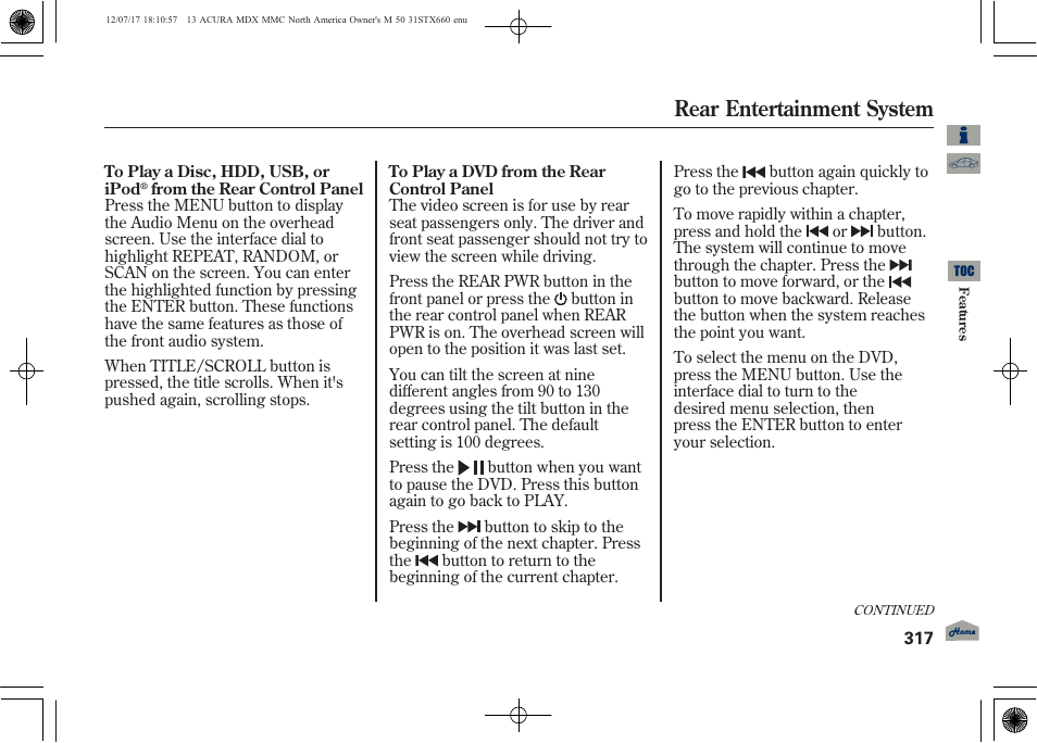 Rear entertainment system | Acura 2013 MDX User Manual | Page 322 / 616