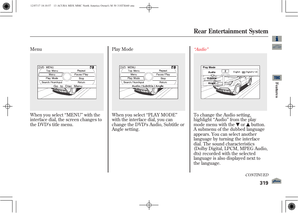 Rear entertainment system | Acura 2013 MDX User Manual | Page 324 / 616