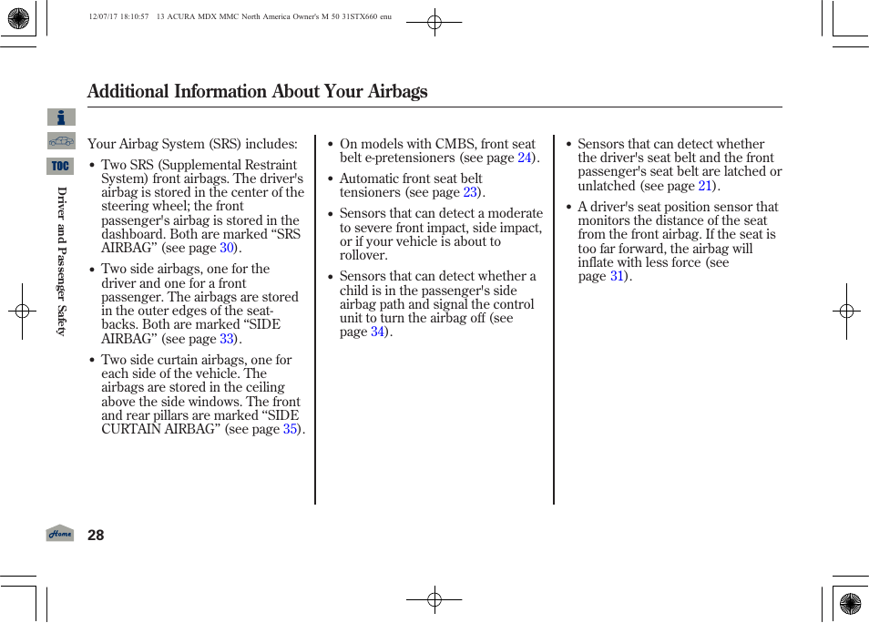 Additional information about your airbags, 2013 mdx | Acura 2013 MDX User Manual | Page 33 / 616