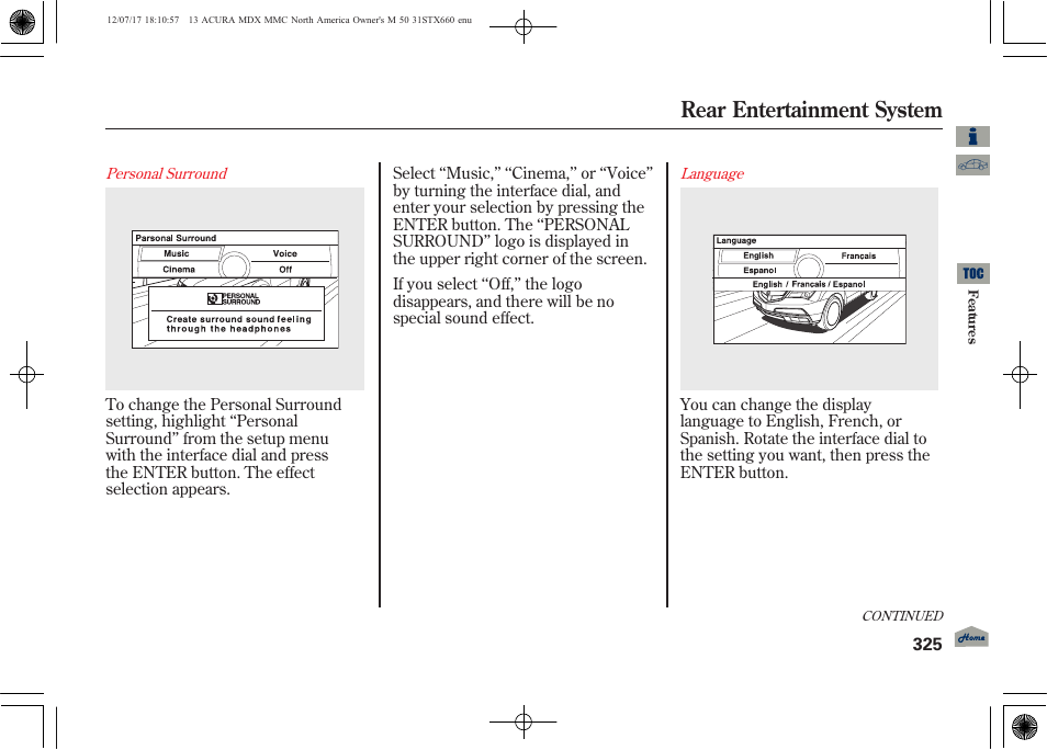 Rear entertainment system | Acura 2013 MDX User Manual | Page 330 / 616