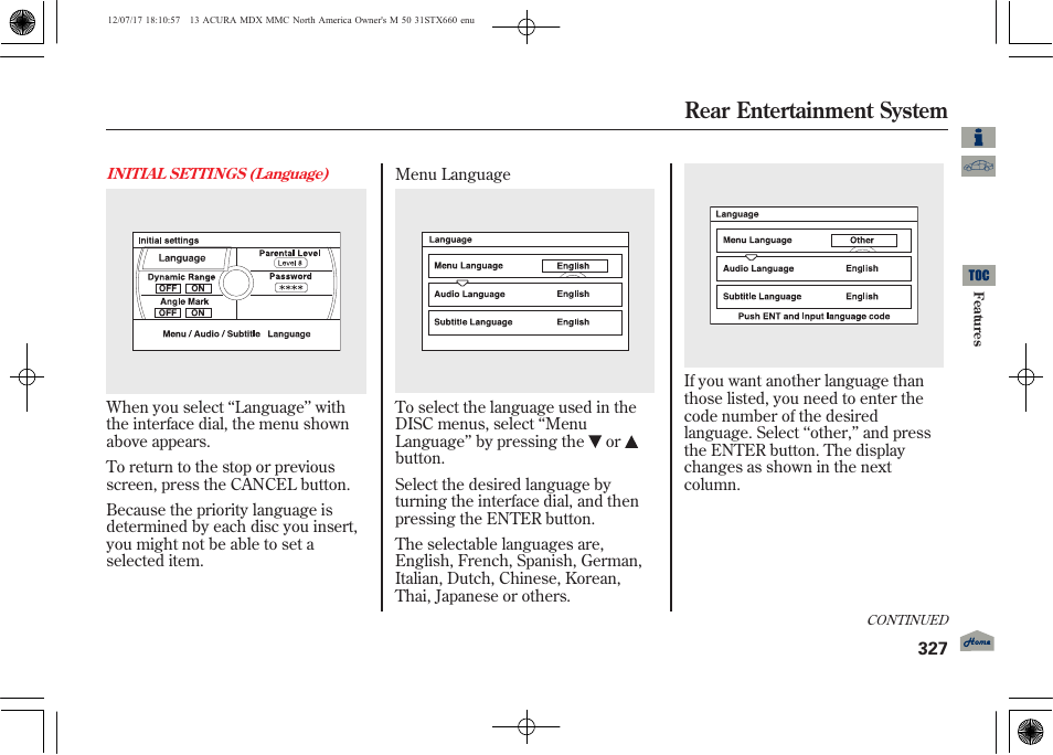 Rear entertainment system | Acura 2013 MDX User Manual | Page 332 / 616