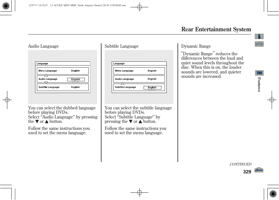 Rear entertainment system | Acura 2013 MDX User Manual | Page 334 / 616