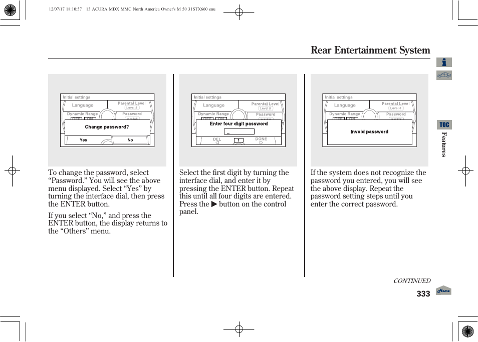 Rear entertainment system | Acura 2013 MDX User Manual | Page 338 / 616