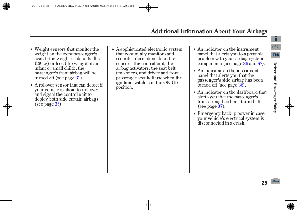 Additional information about your airbags, 2013 mdx | Acura 2013 MDX User Manual | Page 34 / 616