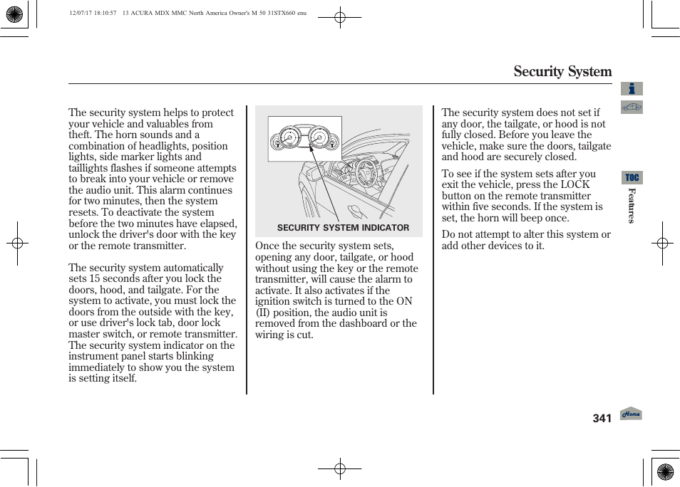 Security system | Acura 2013 MDX User Manual | Page 346 / 616