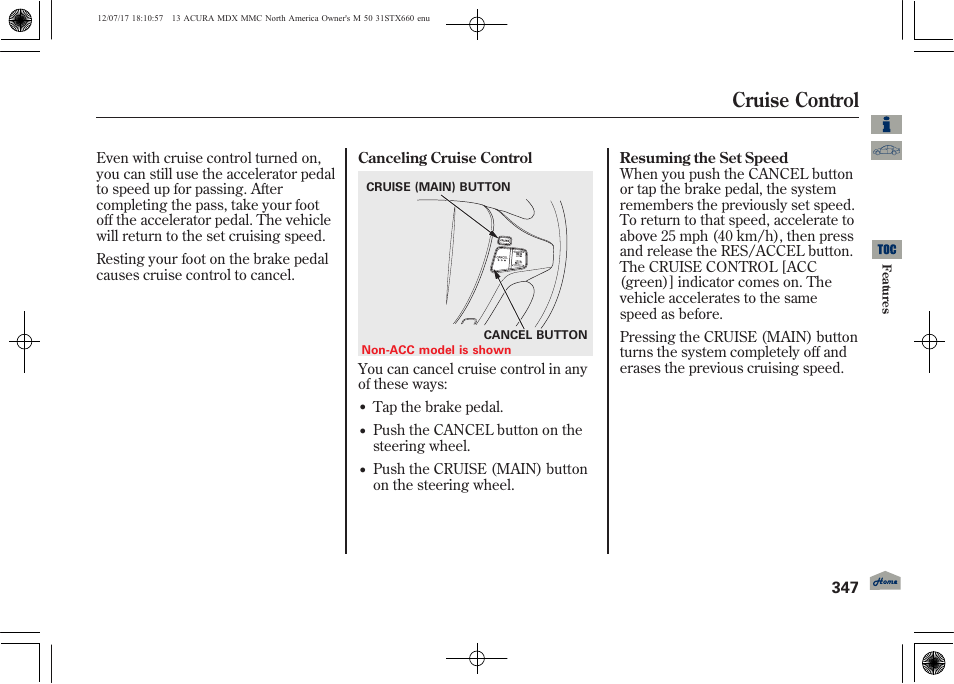 Cruise control, 2013 mdx | Acura 2013 MDX User Manual | Page 352 / 616