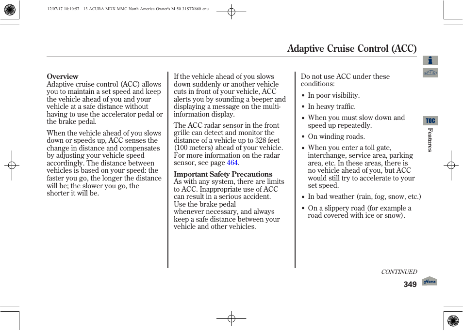 Adaptive cruise control (acc), 2013 mdx | Acura 2013 MDX User Manual | Page 354 / 616