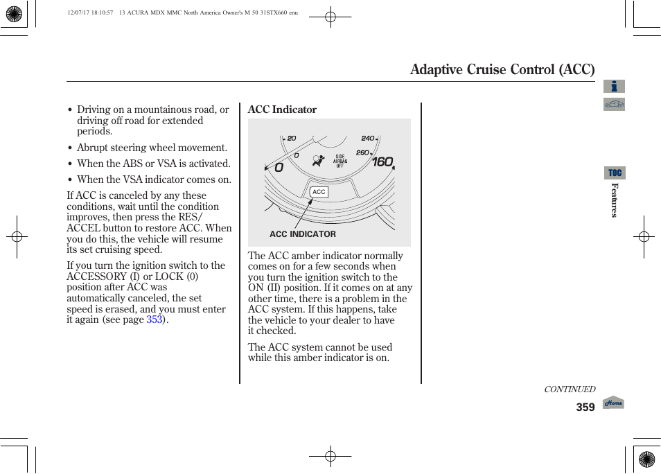 Adaptive cruise control (acc), 2013 mdx | Acura 2013 MDX User Manual | Page 364 / 616