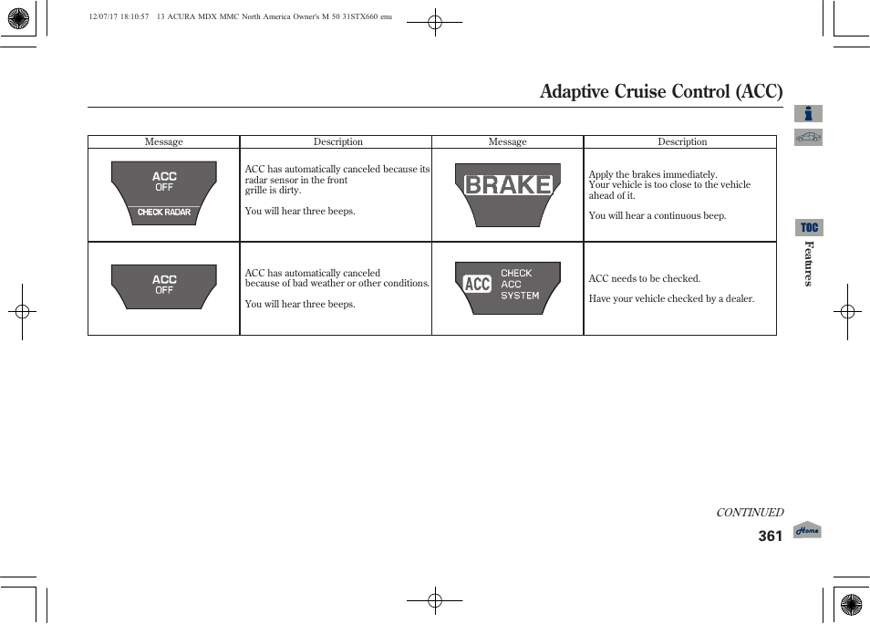 Adaptive cruise control (acc), 2013 mdx | Acura 2013 MDX User Manual | Page 366 / 616