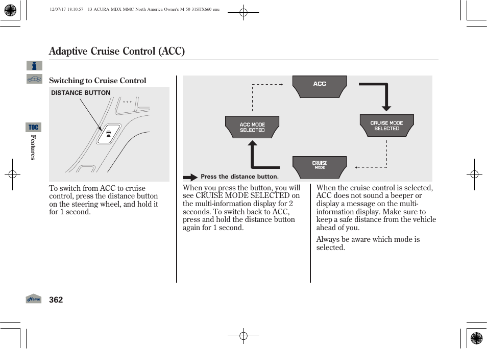 Adaptive cruise control (acc) | Acura 2013 MDX User Manual | Page 367 / 616