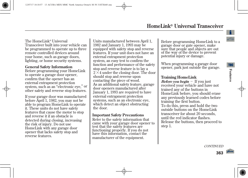 Homelink, Universal transceiver | Acura 2013 MDX User Manual | Page 368 / 616