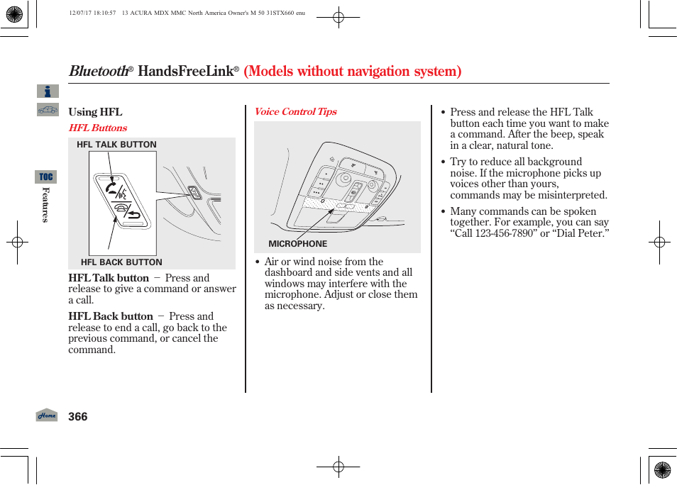 Bluetooth, Handsfreelink, Models without navigation system) | Acura 2013 MDX User Manual | Page 371 / 616