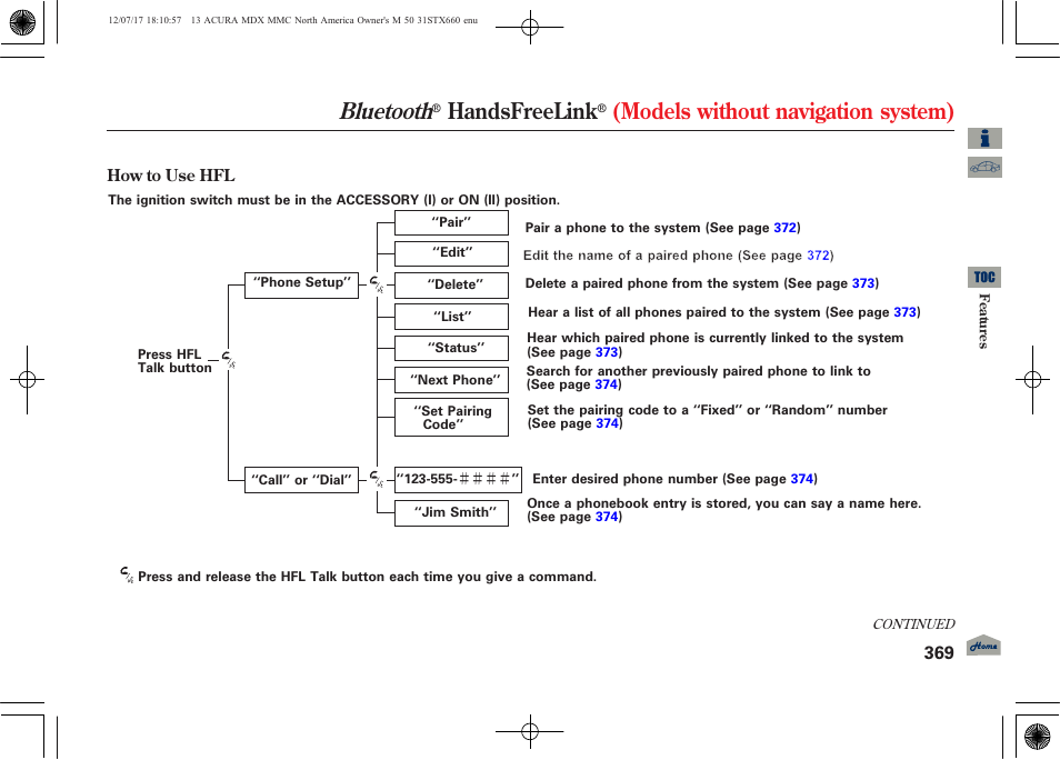 Bluetooth, Handsfreelink, Models without navigation system) | 2013 mdx | Acura 2013 MDX User Manual | Page 374 / 616