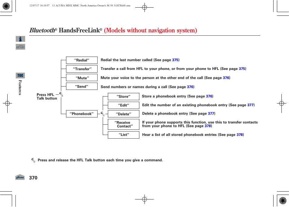 Bluetooth, Handsfreelink, Models without navigation system) | 2013 mdx | Acura 2013 MDX User Manual | Page 375 / 616