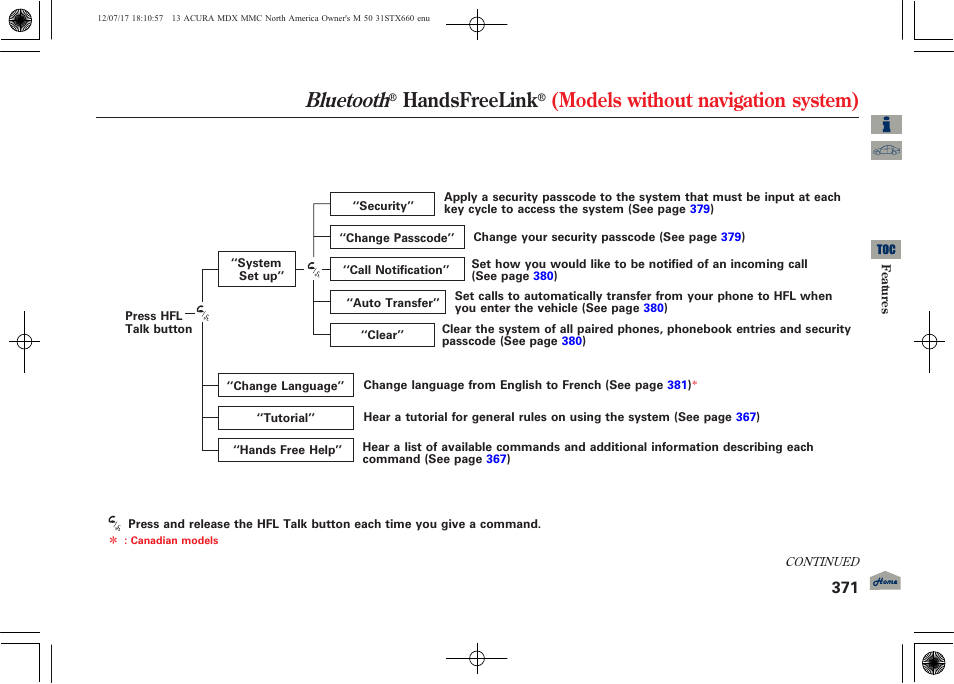 Bluetooth, Handsfreelink, Models without navigation system) | 2013 mdx | Acura 2013 MDX User Manual | Page 376 / 616