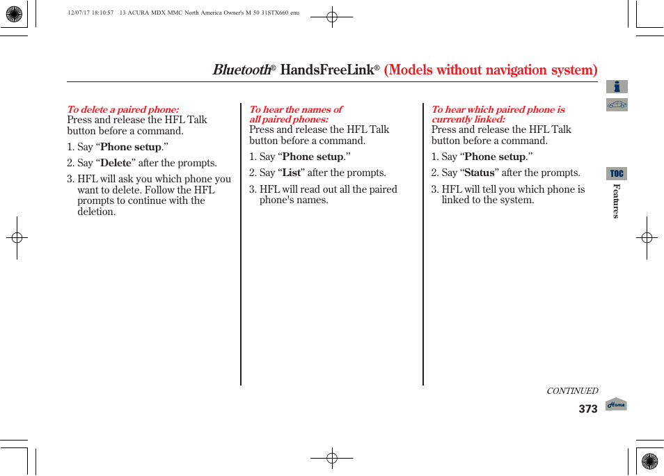 Bluetooth, Handsfreelink, Models without navigation system) | Acura 2013 MDX User Manual | Page 378 / 616