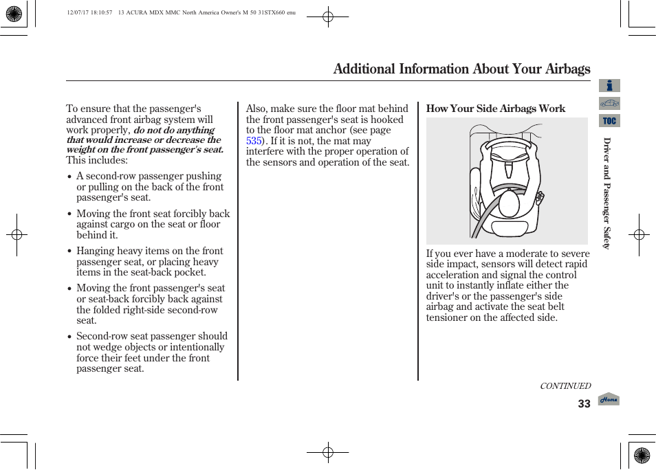 Additional information about your airbags, 2013 mdx | Acura 2013 MDX User Manual | Page 38 / 616