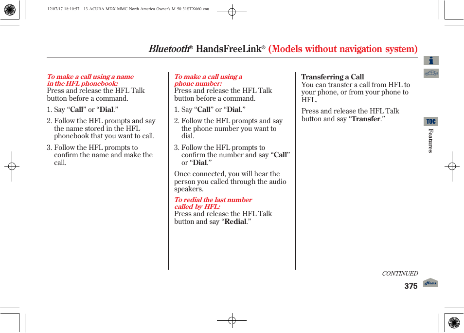 Bluetooth, Handsfreelink, Models without navigation system) | Acura 2013 MDX User Manual | Page 380 / 616