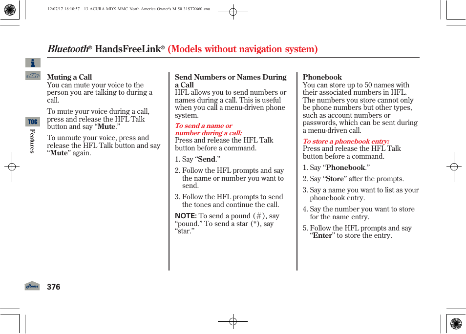 Bluetooth, Handsfreelink, Models without navigation system) | Acura 2013 MDX User Manual | Page 381 / 616