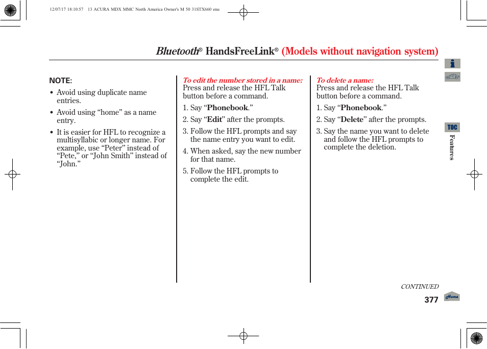 Bluetooth, Handsfreelink, Models without navigation system) | Acura 2013 MDX User Manual | Page 382 / 616