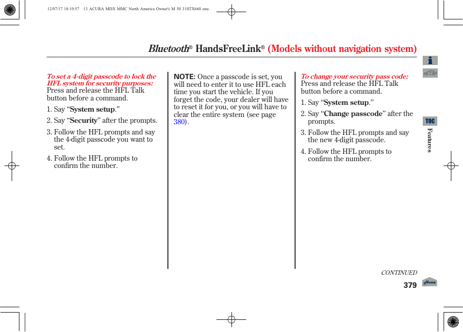 Bluetooth, Handsfreelink, Models without navigation system) | Acura 2013 MDX User Manual | Page 384 / 616