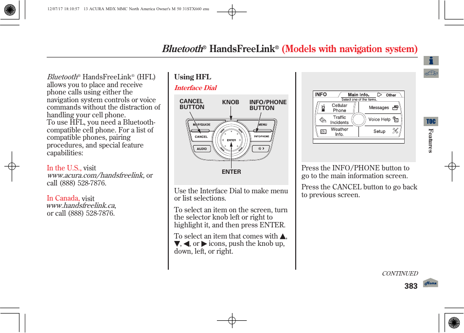 Bluetooth, Handsfreelink, Models with navigation system) | Acura 2013 MDX User Manual | Page 388 / 616