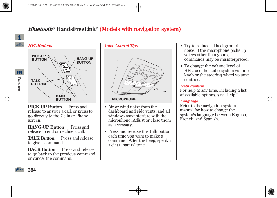 Bluetooth, Handsfreelink, Models with navigation system) | Acura 2013 MDX User Manual | Page 389 / 616