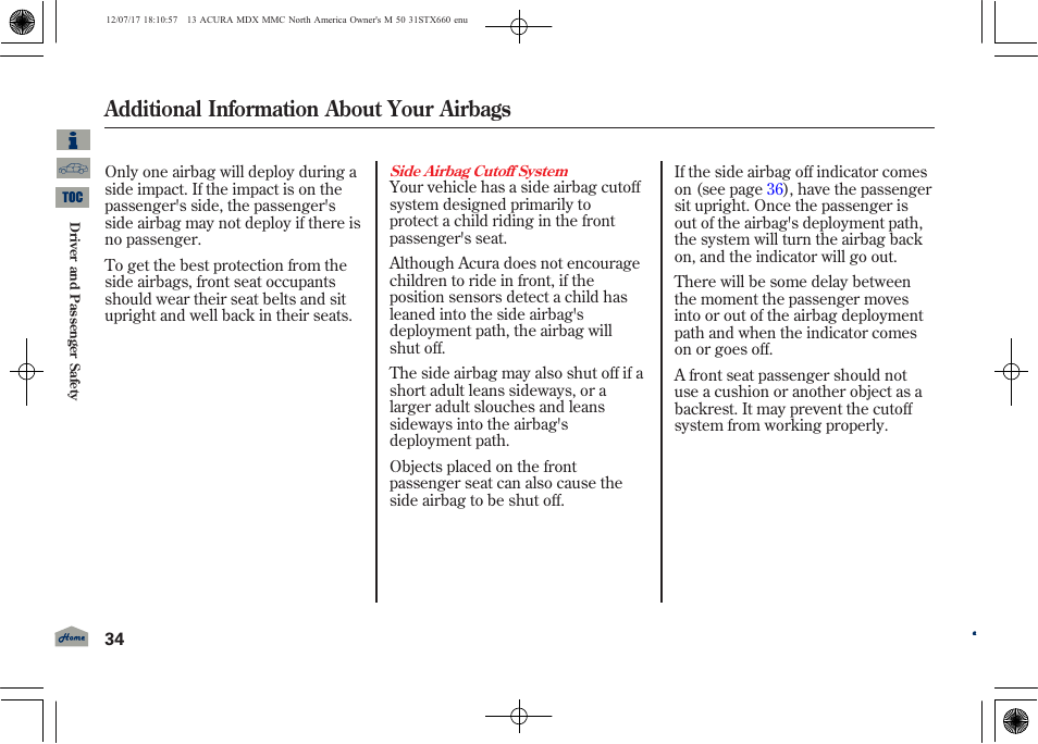 Additional information about your airbags | Acura 2013 MDX User Manual | Page 39 / 616