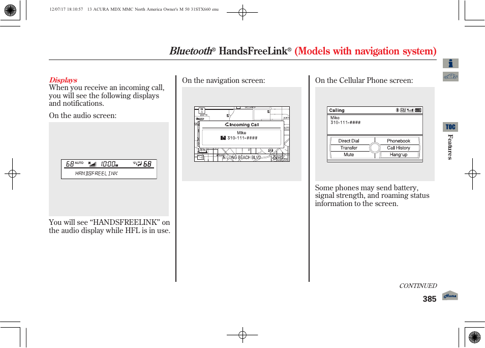 Bluetooth, Handsfreelink, Models with navigation system) | Acura 2013 MDX User Manual | Page 390 / 616