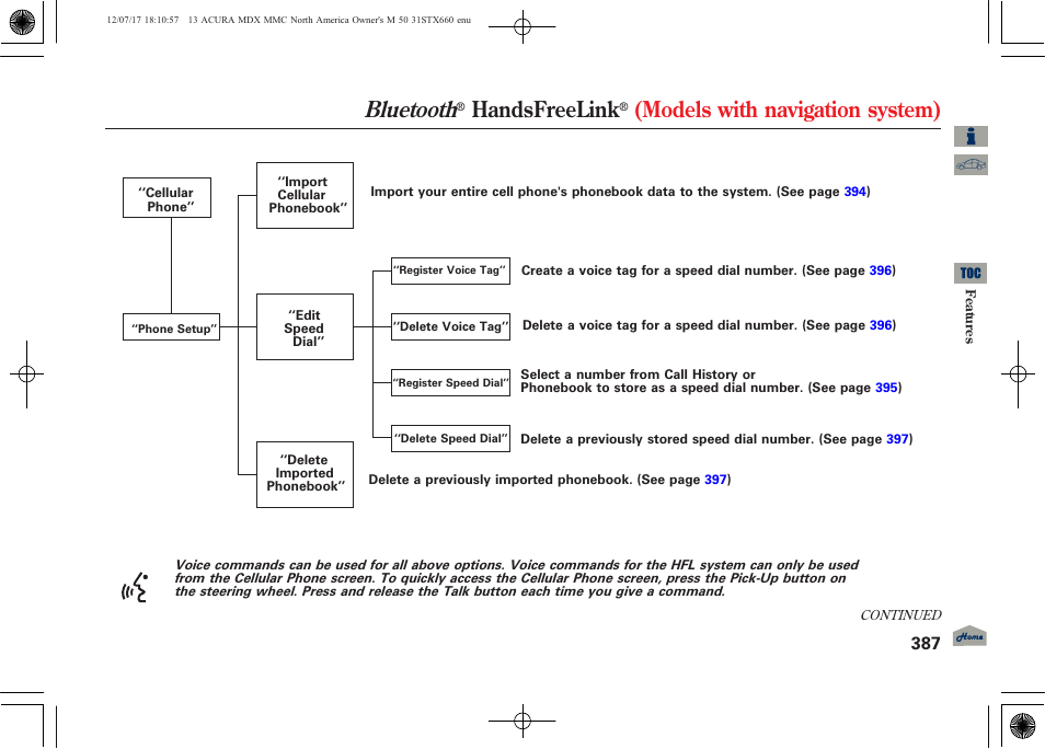 Bluetooth, Handsfreelink, Models with navigation system) | 2013 mdx | Acura 2013 MDX User Manual | Page 392 / 616