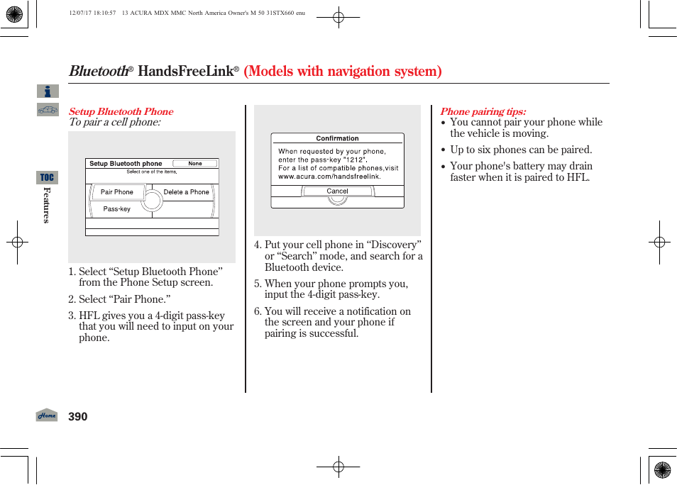 Bluetooth, Handsfreelink, Models with navigation system) | Acura 2013 MDX User Manual | Page 395 / 616