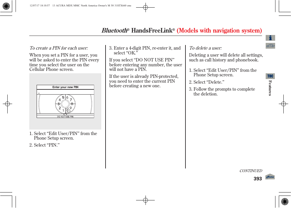 Bluetooth, Handsfreelink, Models with navigation system) | Acura 2013 MDX User Manual | Page 398 / 616