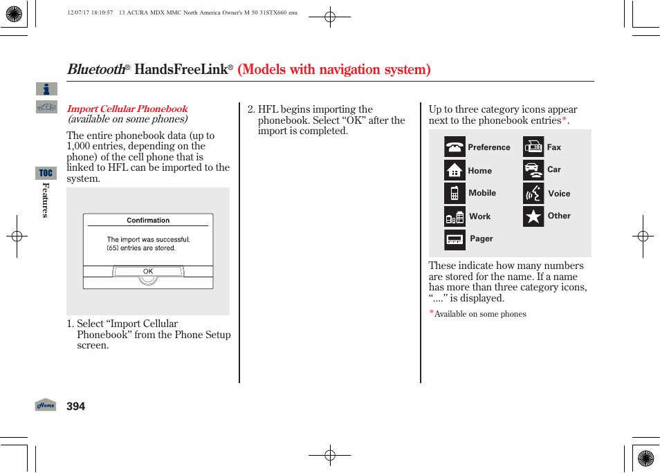 Bluetooth, Handsfreelink, Models with navigation system) | Acura 2013 MDX User Manual | Page 399 / 616