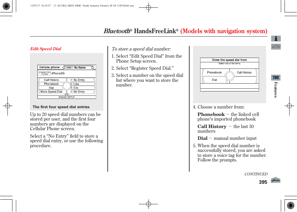 Bluetooth, Handsfreelink, Models with navigation system) | Acura 2013 MDX User Manual | Page 400 / 616