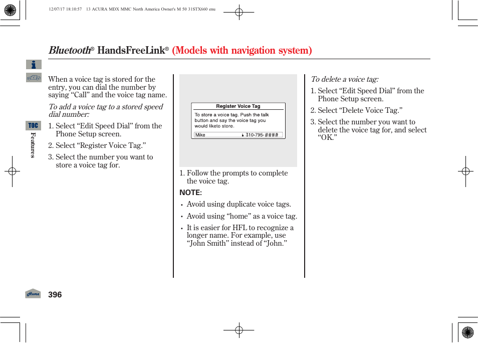 Bluetooth, Handsfreelink, Models with navigation system) | Acura 2013 MDX User Manual | Page 401 / 616