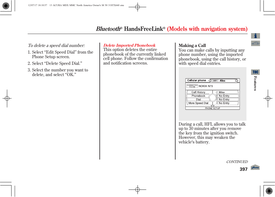 Bluetooth, Handsfreelink, Models with navigation system) | Acura 2013 MDX User Manual | Page 402 / 616